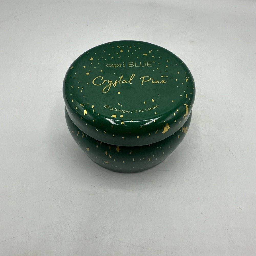 Capri Blue Glimmer Mini Tin Crystal Pine 3 oz  Emerald Green and Gold Color Tin
